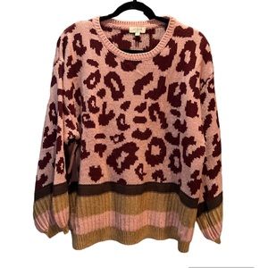 Umgee Sweater Pink Animal Print Soft Roomy Knit Medium Brown & Tan Accents GUC
